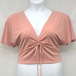 Crop Top Pull Over short sleeve Pink Cinch Front Deep V Neck Stretchy NEW